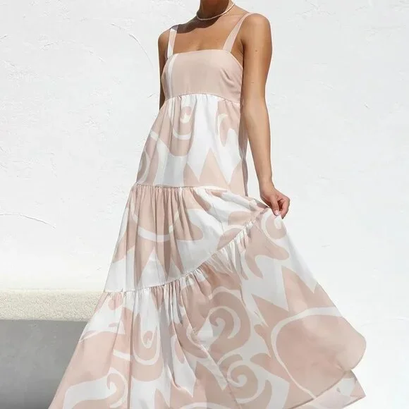 Women's Flowy Maxi Sundress Sleeveless Abstract Print Beach Vacation Wear - Picture 2 of 9